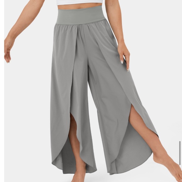 High Waisted Back Waistband Pocket Palazzo Flowy Split Wide Leg Casual Pants - Picture 1 of 4